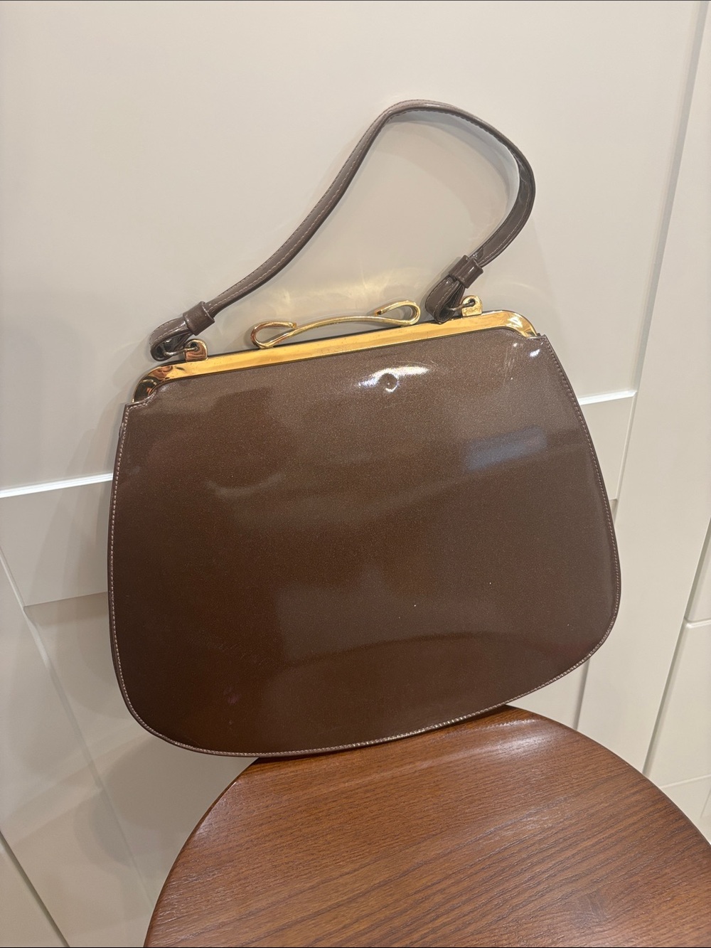 Classic Brown Patent Top-Handle Bag with Gold Trim